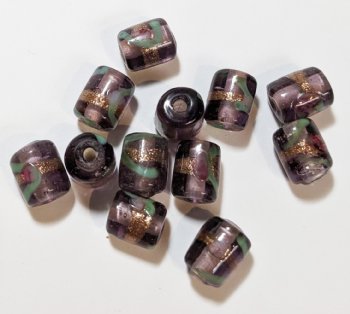10 10x8mm Transparent Purple and Gold Lampwork Barrel Beads
