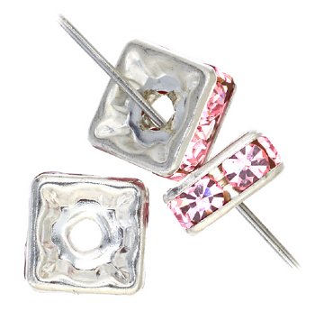 10 6mm Silver Squaredelles with Light Rose Rhinestones