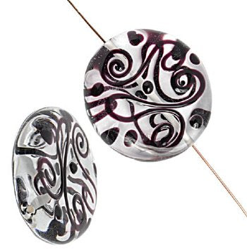 1 20x8mm Crystal with Black Squiggle Lampwork Disk