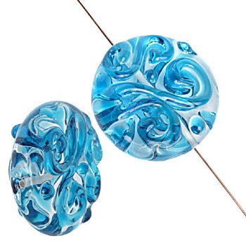 1 20x8mm Crystal with Aqua Squiggle Lampwork Disk