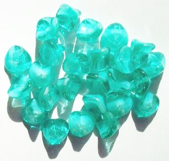25 9mm Teal White Givre Three Petal Flower Drop Beads