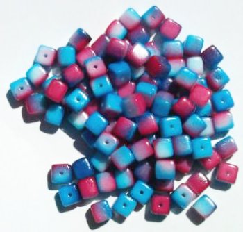 100 5mm Opaque White, Aqua, and Fuchsia Cube Beads