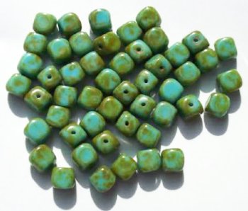 50 7x6mm Opaque Turquoise & Green Marble Cube Beads