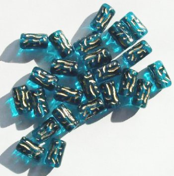 24 13mm Transparent Aqua & Gold Textured Tube Beads