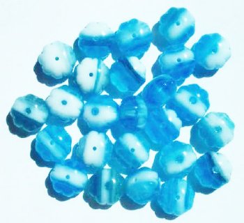 25 7x11mm Aqua & White Marble Melon Beads
