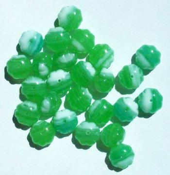 25 7x11mm Apple Green & White Marble Melon Beads