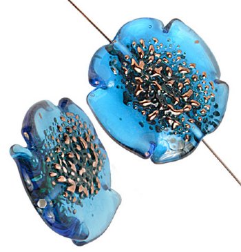 1 30mm Dark Aqua with Bronze Center Ruffled Lampwork Disk