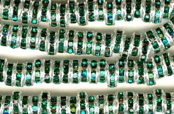 10 6mm Silver Rondelles with Emerald Rhinestones