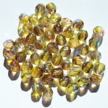 50 6mm Faceted Tri Tone Crystal, Yellow, & Smoke Topaz AB Beads