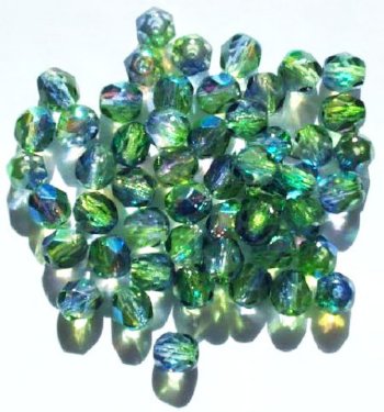 50 6mm Faceted Tri Tone Crystal, Green, & Purple AB Beads