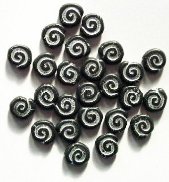 25 12mm Matte Black and Silver Swirl Disk Beads