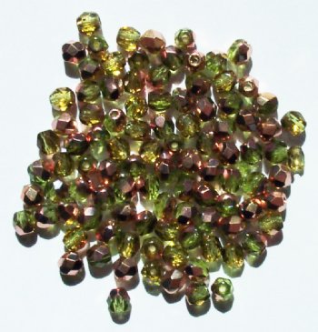 100 4mm Faceted Olive Half Copper Coated Firepolish Beads