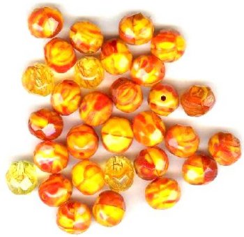 25 8mm Faceted Red Orange Yellow Marble Firepolish Beads