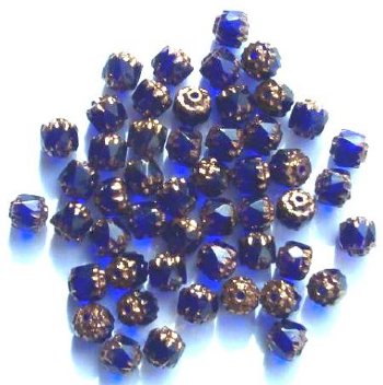 50 6mm Triangle Faceted Cobalt with Antique Gold Coated Ends
