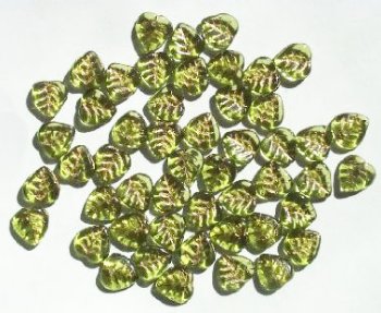 50 9mm Transparent Olive and Gold Leaf Beads