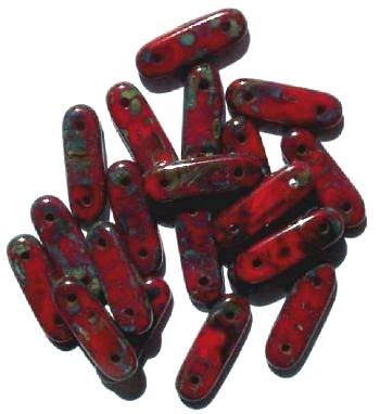 20 15x5mm Two Hole Opaque Red Picasso Spacer Bar Beads