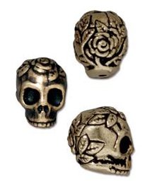 1 10mm TierraCast Brass Oxide Rose Skull Bead