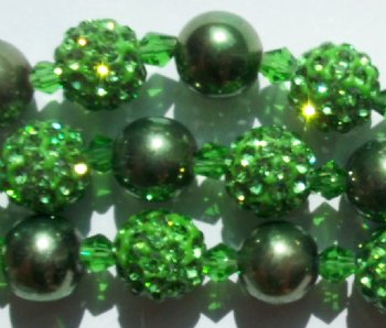 8 Inch Strand of Chinese Glass and Crystal Shamballa Beads - Peridot