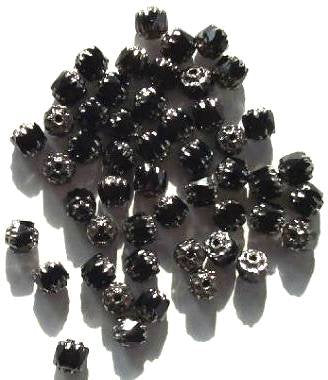 50 6mm Triangle Faceted Black, Silver Tipped with Coated Ends