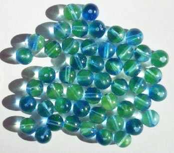 25 8mm Transparent Blue & Green Two Tone Round Glass Beads