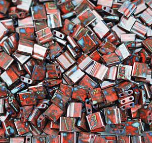 TL4521 5.2 Grams Opaque Red Picasso Two Hole Miyuki Tila Beads