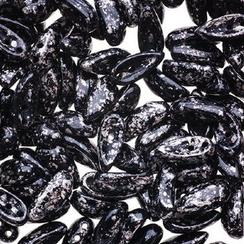 25, 4x11mm Opaque Black Silver Stone Czech Glass Chilli Beads