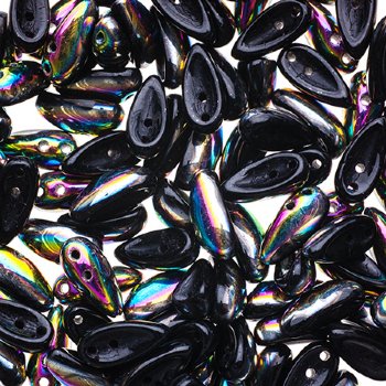 25, 4x11mm Black Green Vitrail Czech Glass Chilli Beads