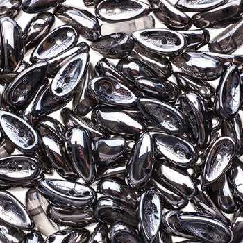 25, 4x11mm Crystal Hematite Full Coat Glass Chilli Beads