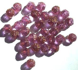 30 8mm Triangle Faceted Pink with Antique Gold Coated Ends