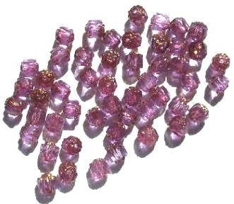 50 6mm Triangle Faceted Pink with Antique Gold Coated Ends