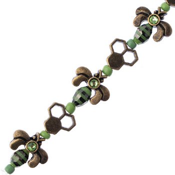 5 Inch Green, Black and Antique Brass Honeycomb and Bee Bead Strand