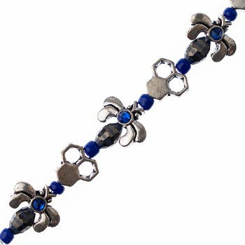 5 Inch Sapphire, Black and Antique Silver Honeycomb and Bee Bead Strand