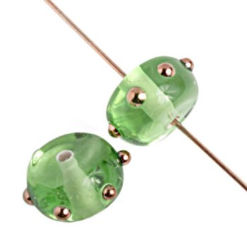 1 7x11mm Light Green with Bronze Dot Lampwork Rondelles