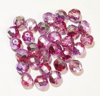 25 8mm Faceted Pink and Fuchsia Labrador Half Coated Firepolish Beads