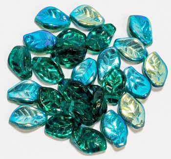 25, 9x14mm Emerald AB Wavy Glass Leaf Beads