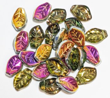25, 9x14mm Olive Marea Half Coat Wavy Glass Leaf Beads