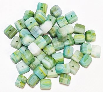 40, 6x7mm Matte White, Green, and Yellow Marble Cube Beads