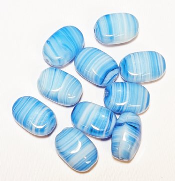 10, 16x11x8mm Blue and White Striped Flat Oval Beads