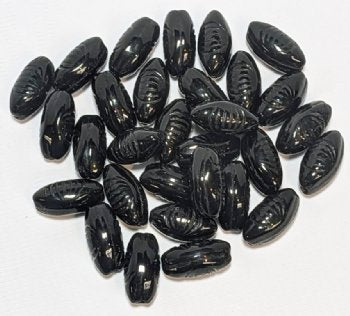 30, 13x7mm Opaque Black Ridged Oval Beads