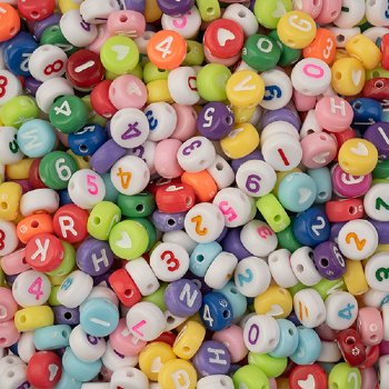 100, 7mm Bright Multi Colour Plastic Alphabet and Number Disk Beads