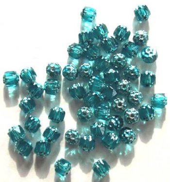 50 6mm Triangle Faceted Aqua, Silver Tipped with Coated Ends