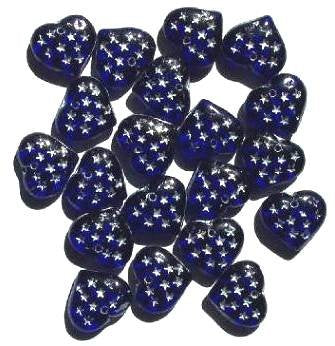 20 13mm Cobalt with Silver Stars Glass Heart Bead Pendants