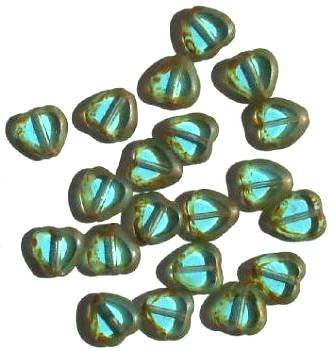 20 10mm Flat Cut Window Heart Beads Transparent Turquoise w/ Speckles
