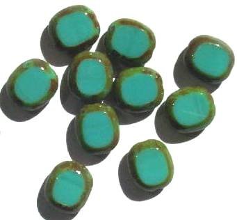 10 14mm Flat Cut Oval Window Bead Opaque Turquoise (speckled edges)