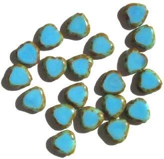 20 10mm Flat Cut Window Heart Beads Opaque Turquoise w/ Speckles