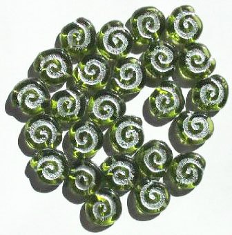 25 12mm Transparent Olive and Silver Glass Swirl Disk Beads