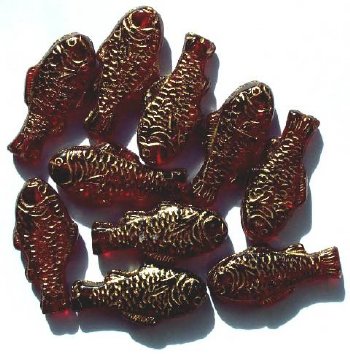 10 28x13mm Garnet & Gold  Glass Fish Beads