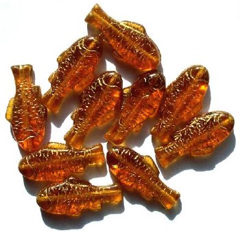 10 28x13mm Topaz & Gold Glass Fish Beads