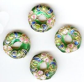 4 16x5mm Green Cloisonné Donuts