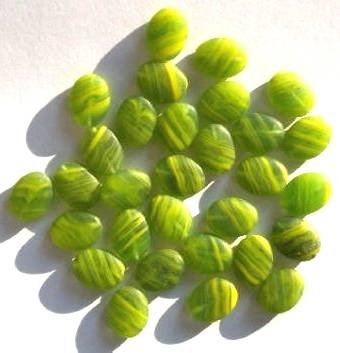 30 12x9mm Matte Green & Yellow Marble Flat Oval Beads